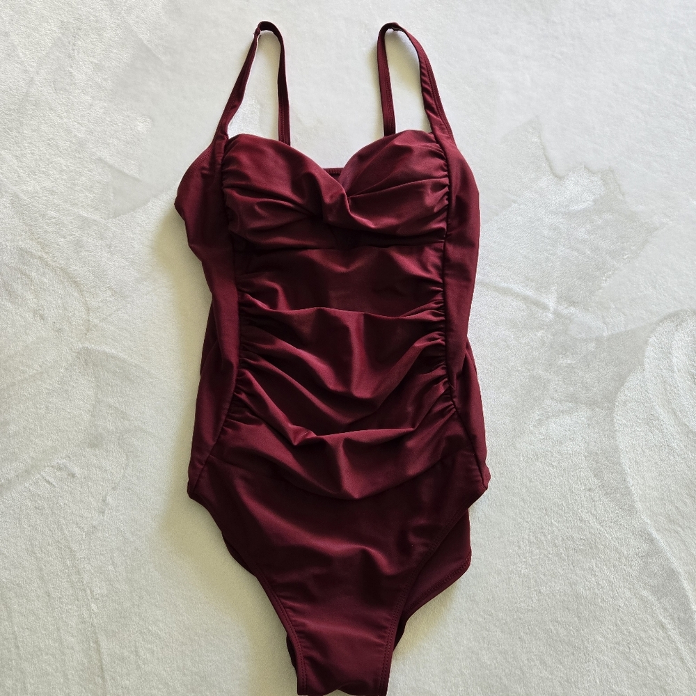Ekouaer Maroon One Piece Runched Front Bathing Swim Suit Medium - Picture 5 of 9